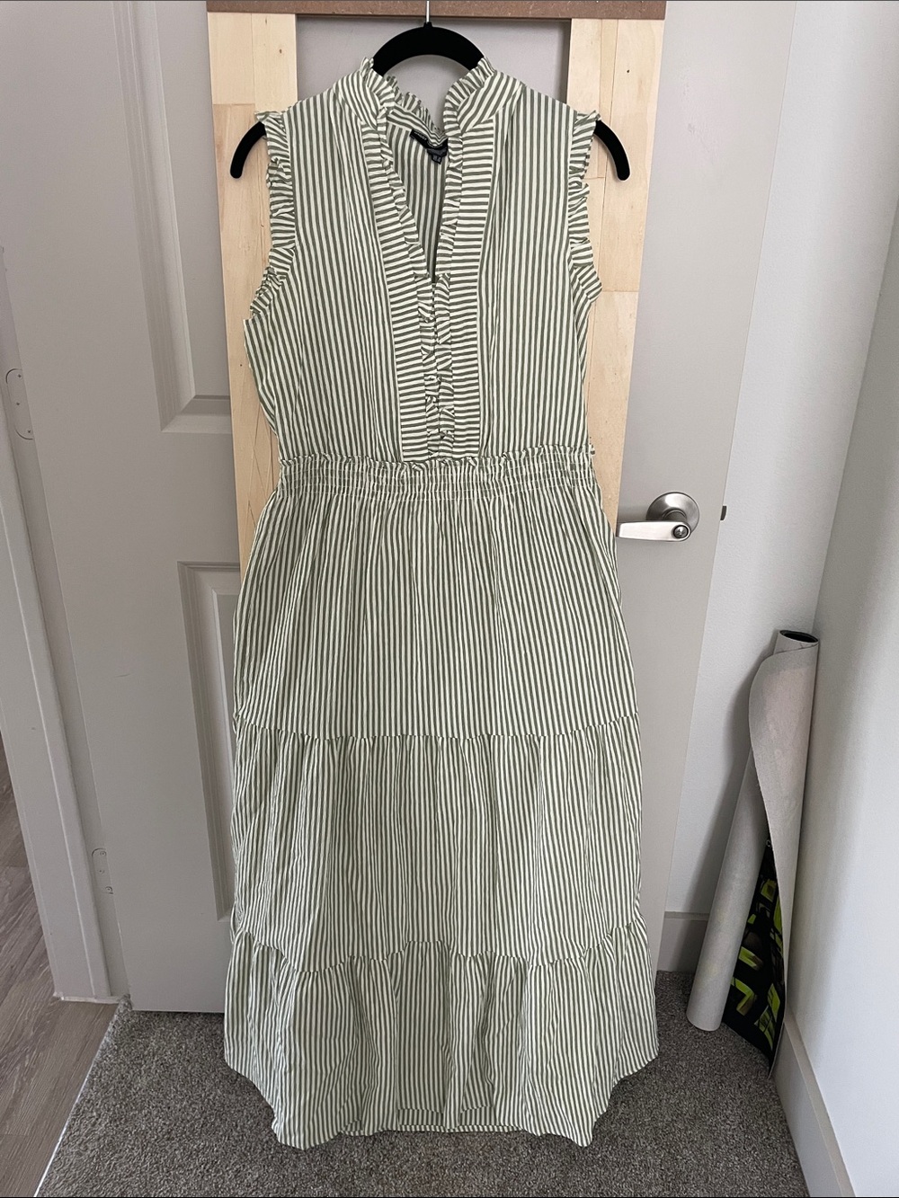 Maggy London Olive and White Sleeveless Stripe Maxi Dress